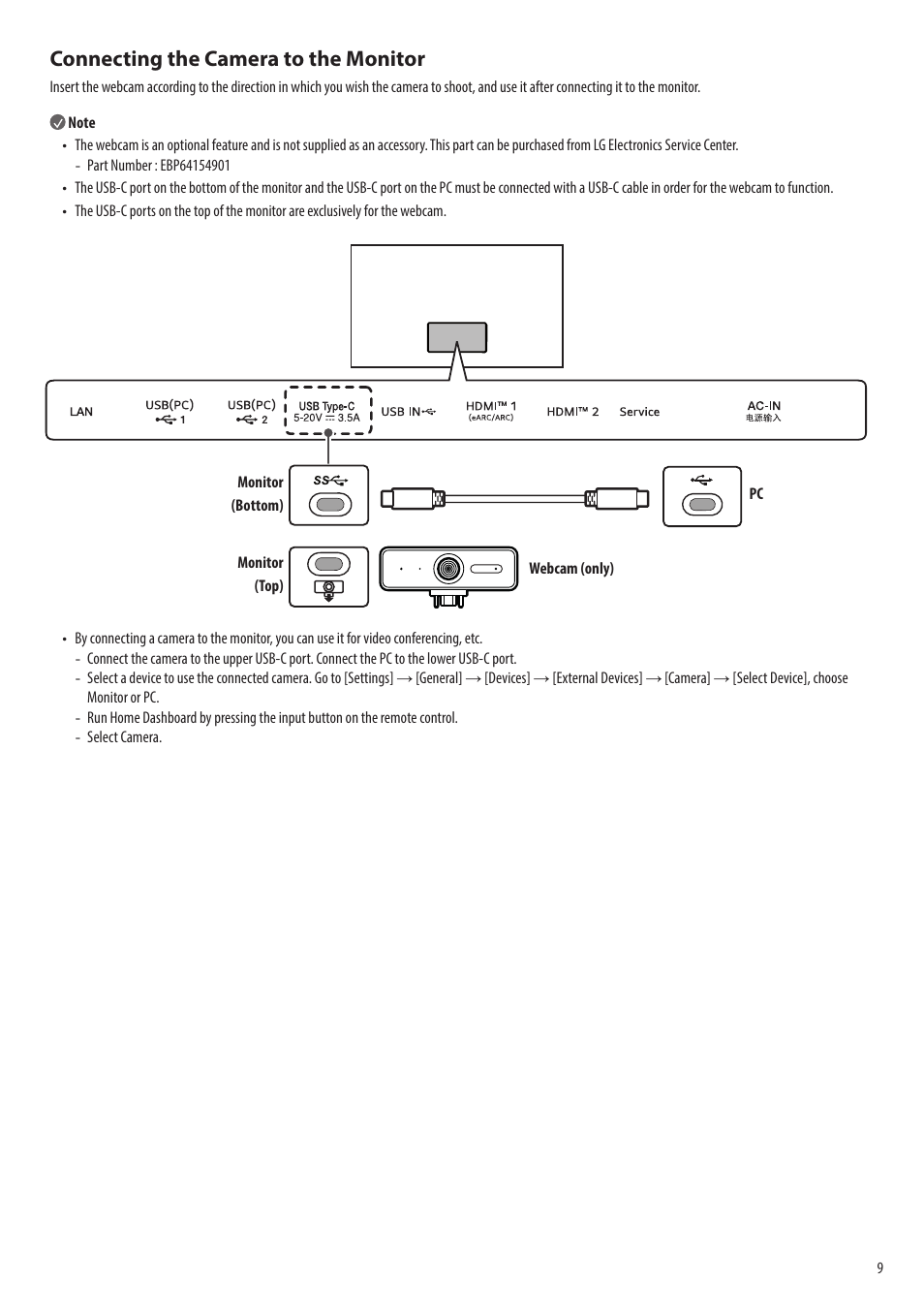 Connecting the camera to the monitor | LG 43SQ700S-W 42.5" 4K HDR Monitor (White) User Manual | Page 9 / 21