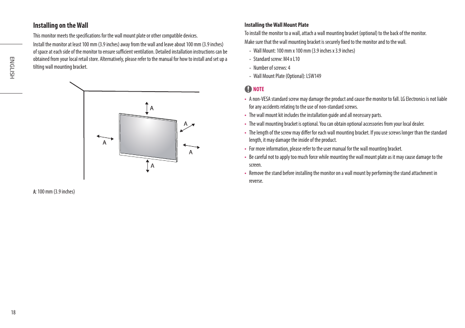 Installing on the wall | LG Ergo Dual 27" 1440p HDR Monitors User Manual | Page 18 / 39