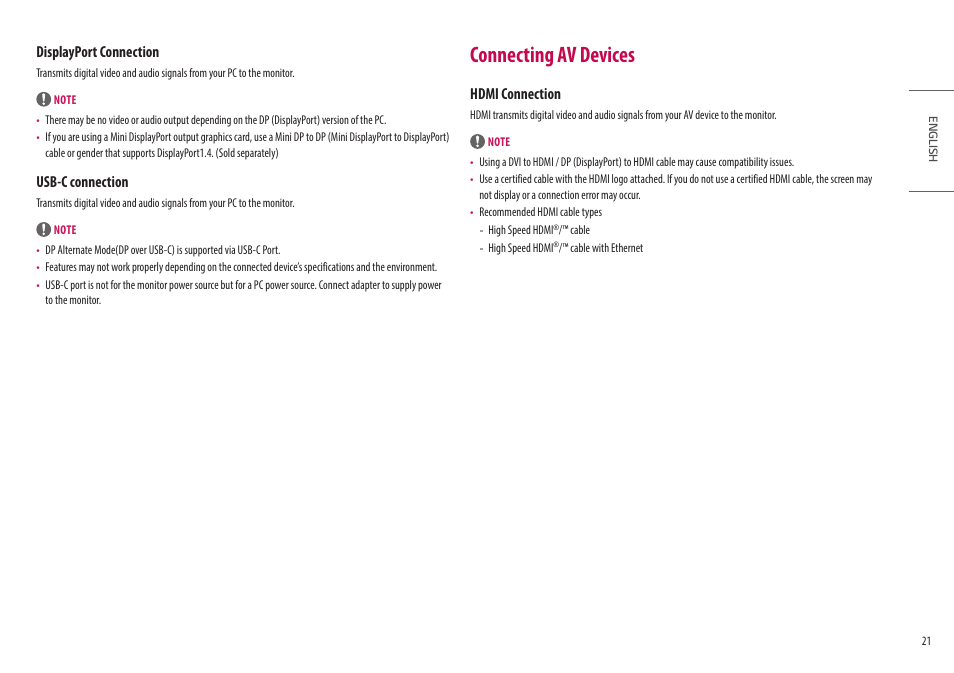 Connecting av devices, Displayport connection, Usb-c connection | Hdmi connection | LG Ergo Dual 27" 1440p HDR Monitors User Manual | Page 21 / 39