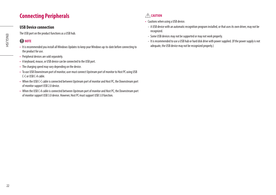Connecting peripherals, Usb device connection | LG Ergo Dual 27" 1440p HDR Monitors User Manual | Page 22 / 39