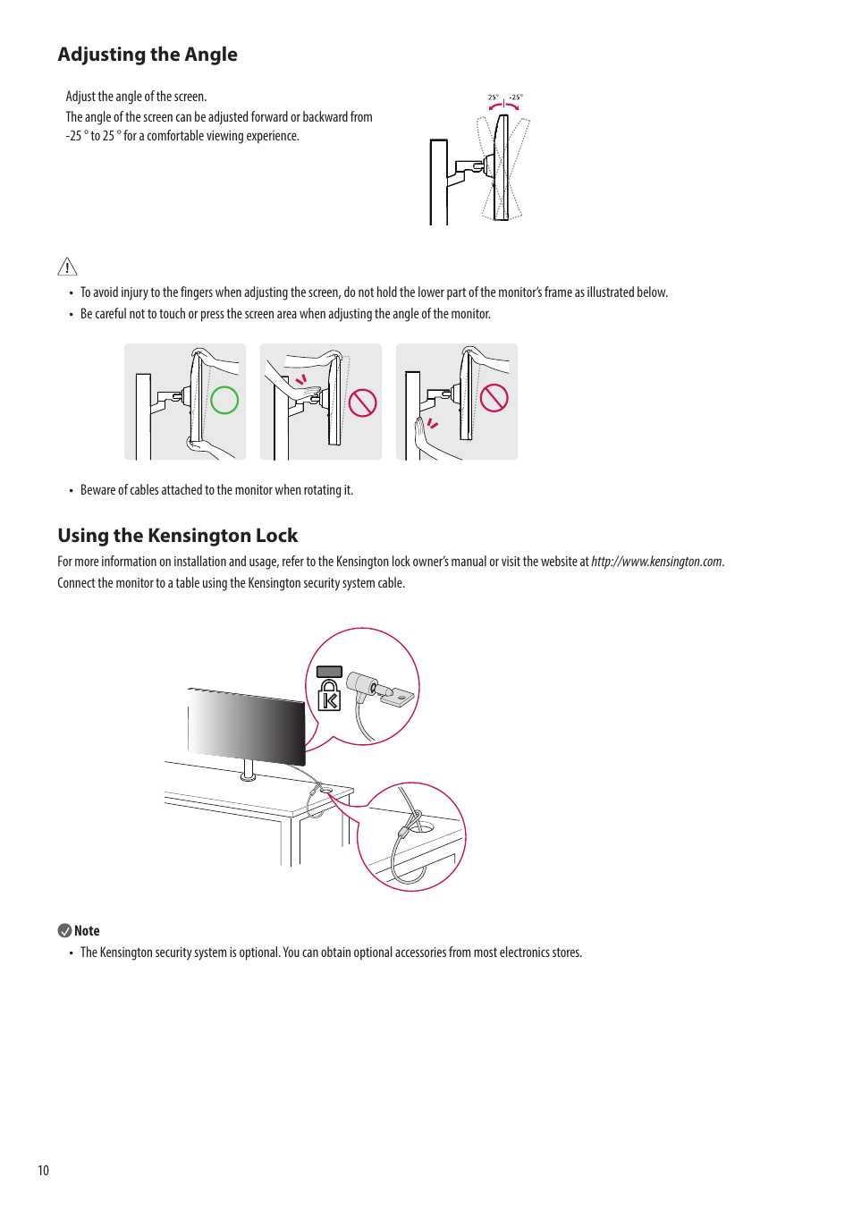 Adjusting the angle, Using the kensington lock | LG SQ780S-W 31.5" 4K Smart Monitor with webOS and Ergo Stand User Manual | Page 10 / 23