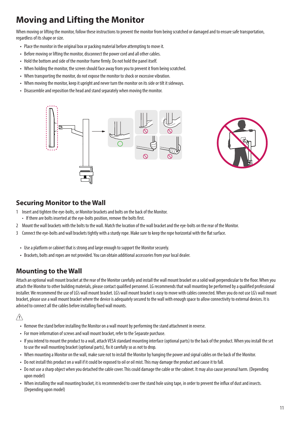 Moving and lifting the monitor, Securing monitor to the wall, Mounting to the wall | LG SQ780S-W 31.5" 4K Smart Monitor with webOS and Ergo Stand User Manual | Page 11 / 23