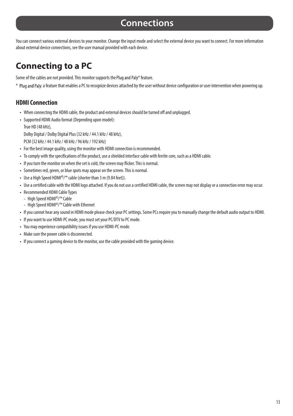 Connections, Connecting to a pc, Hdmi connection | LG SQ780S-W 31.5" 4K Smart Monitor with webOS and Ergo Stand User Manual | Page 13 / 23