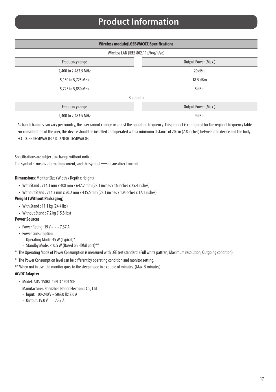 Product information | LG SQ780S-W 31.5" 4K Smart Monitor with webOS and Ergo Stand User Manual | Page 17 / 23