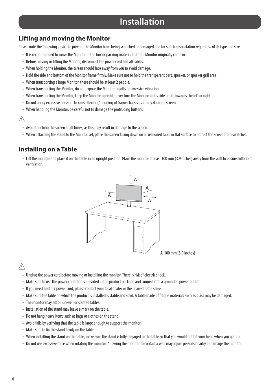 Installation, Lifting and moving the monitor, Installing on a table | LG SQ780S-W 31.5" 4K Smart Monitor with webOS and Ergo Stand User Manual | Page 6 / 23