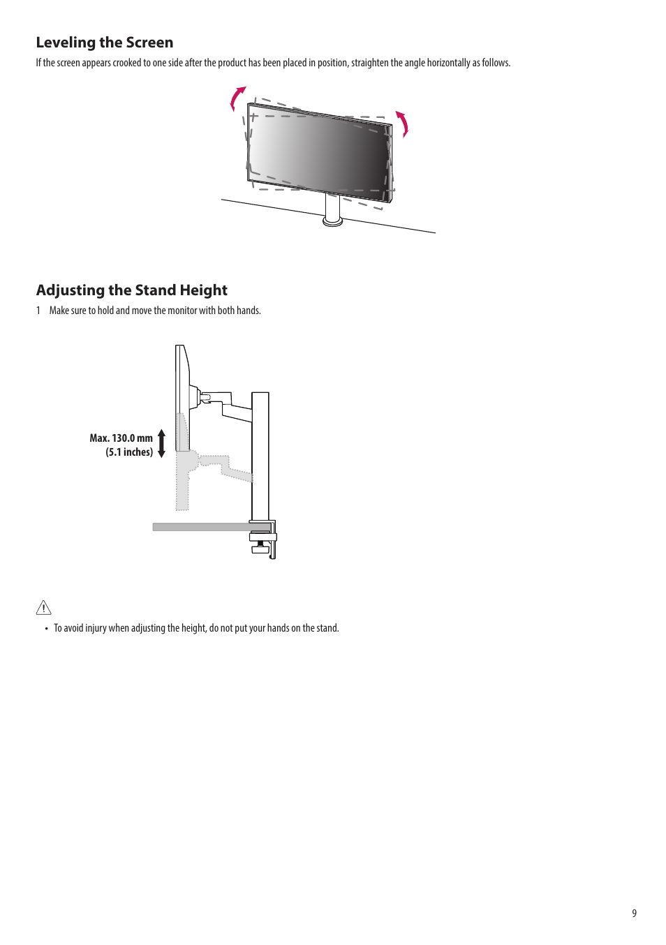 Leveling the screen, Adjusting the stand height | LG SQ780S-W 31.5" 4K Smart Monitor with webOS and Ergo Stand User Manual | Page 9 / 23