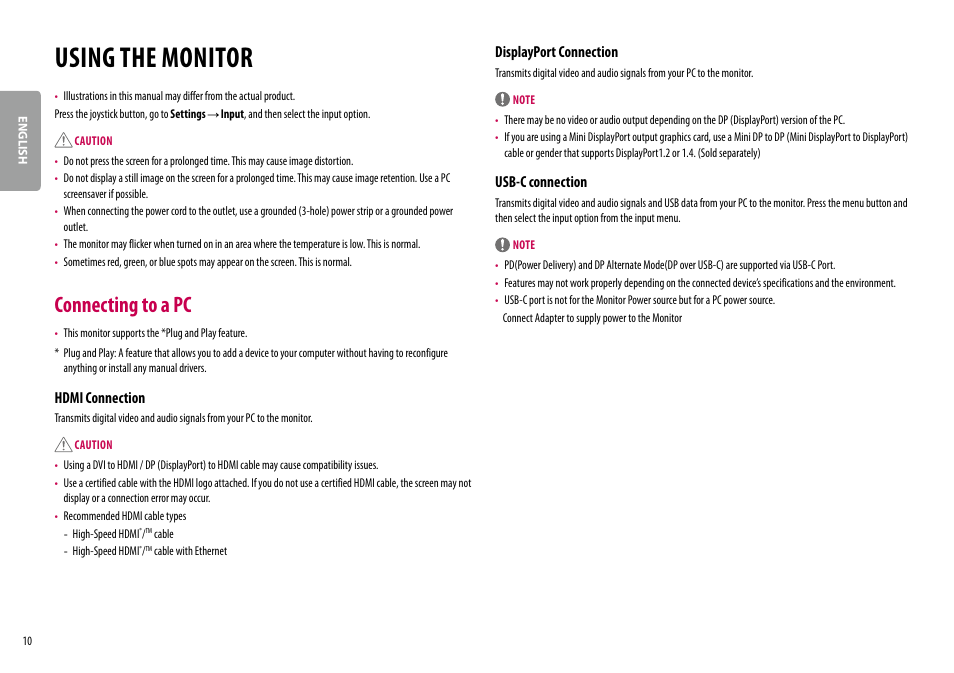 Using the monitor, Connecting to a pc, Hdmi connection | Displayport connection, Usb-c connection | LG 34BQ77QB-B 34" 1440p HDR Curved Monitor User Manual | Page 10 / 34