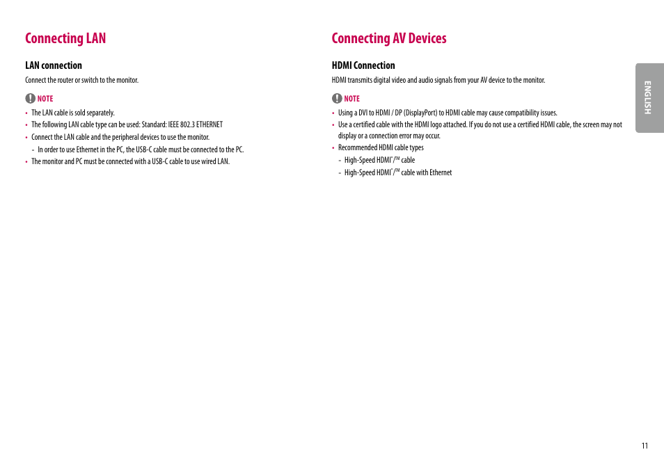 Connecting lan, Connecting av devices, Lan connection | Hdmi connection | LG 34BQ77QB-B 34" 1440p HDR Curved Monitor User Manual | Page 11 / 34