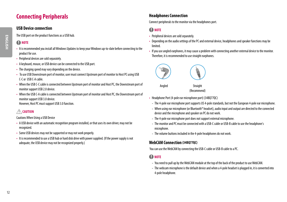 Connecting peripherals, Usb device connection, Headphones connection | Webcam connection | LG 34BQ77QB-B 34" 1440p HDR Curved Monitor User Manual | Page 12 / 34