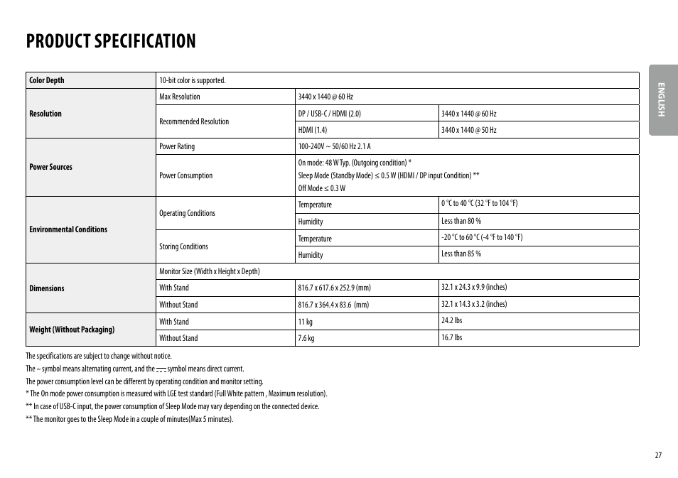 Product specification | LG 34BQ77QB-B 34" 1440p HDR Curved Monitor User Manual | Page 27 / 34