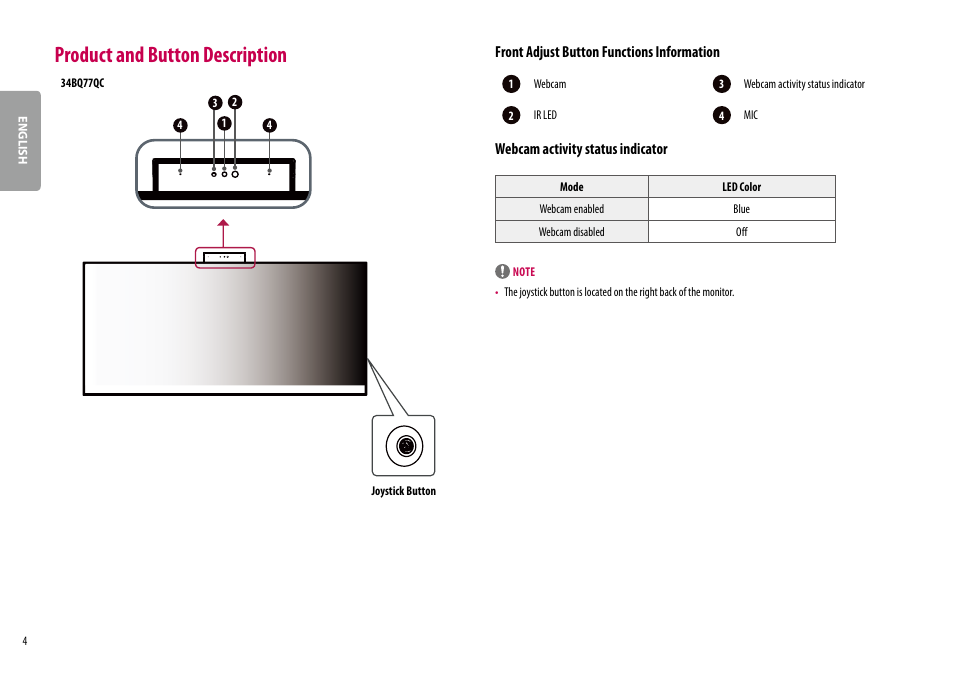 Product and button description | LG 34BQ77QB-B 34" 1440p HDR Curved Monitor User Manual | Page 4 / 34