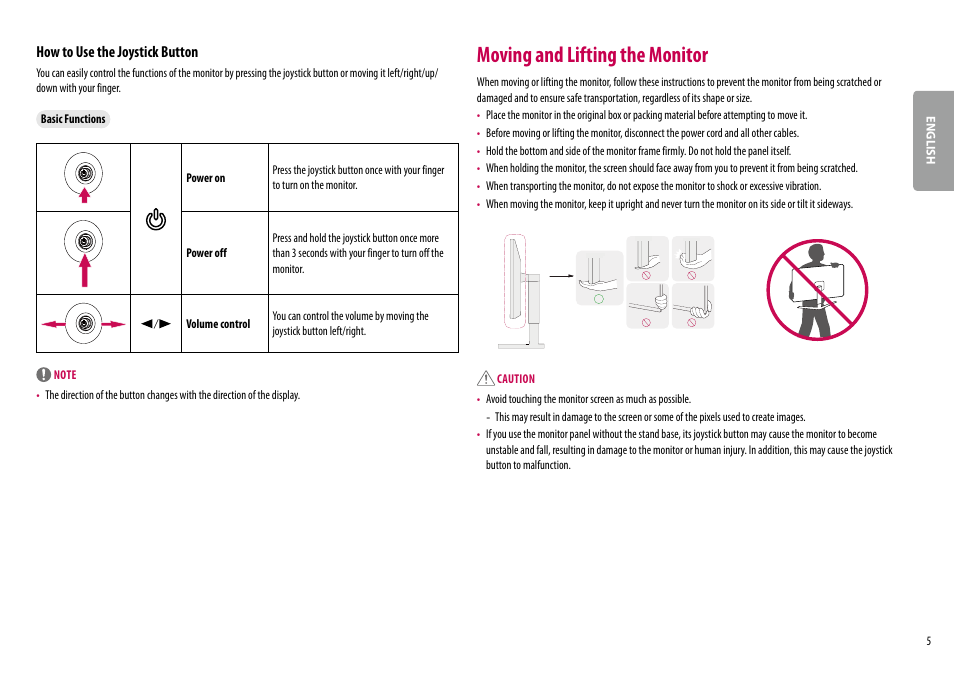 Moving and lifting the monitor, How to use the joystick button | LG 34BQ77QB-B 34" 1440p HDR Curved Monitor User Manual | Page 5 / 34