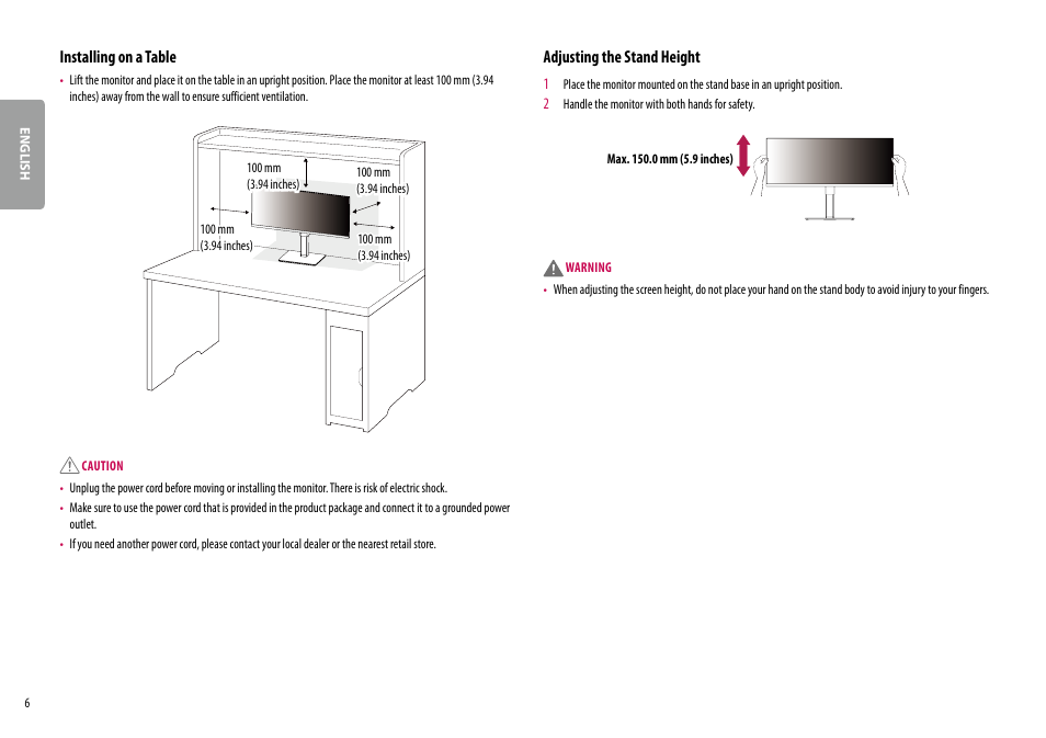 Installing on a table, Adjusting the stand height | LG 34BQ77QB-B 34" 1440p HDR Curved Monitor User Manual | Page 6 / 34