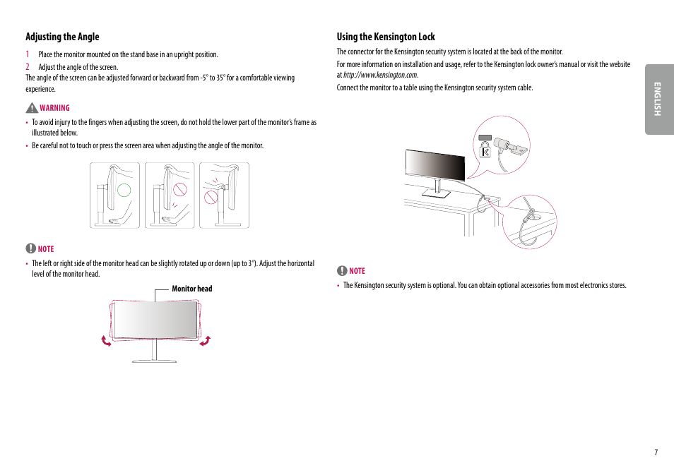 Using the kensington lock, Adjusting the angle | LG 34BQ77QB-B 34" 1440p HDR Curved Monitor User Manual | Page 7 / 34