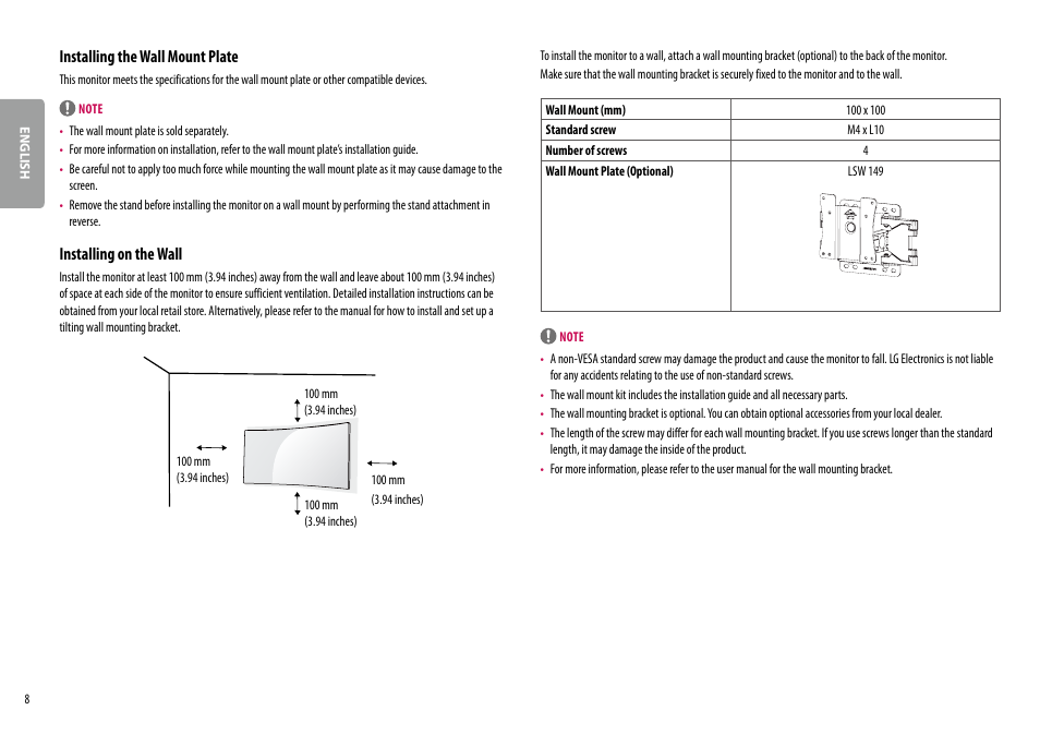 Installing the wall mount plate, Installing on the wall | LG 34BQ77QB-B 34" 1440p HDR Curved Monitor User Manual | Page 8 / 34