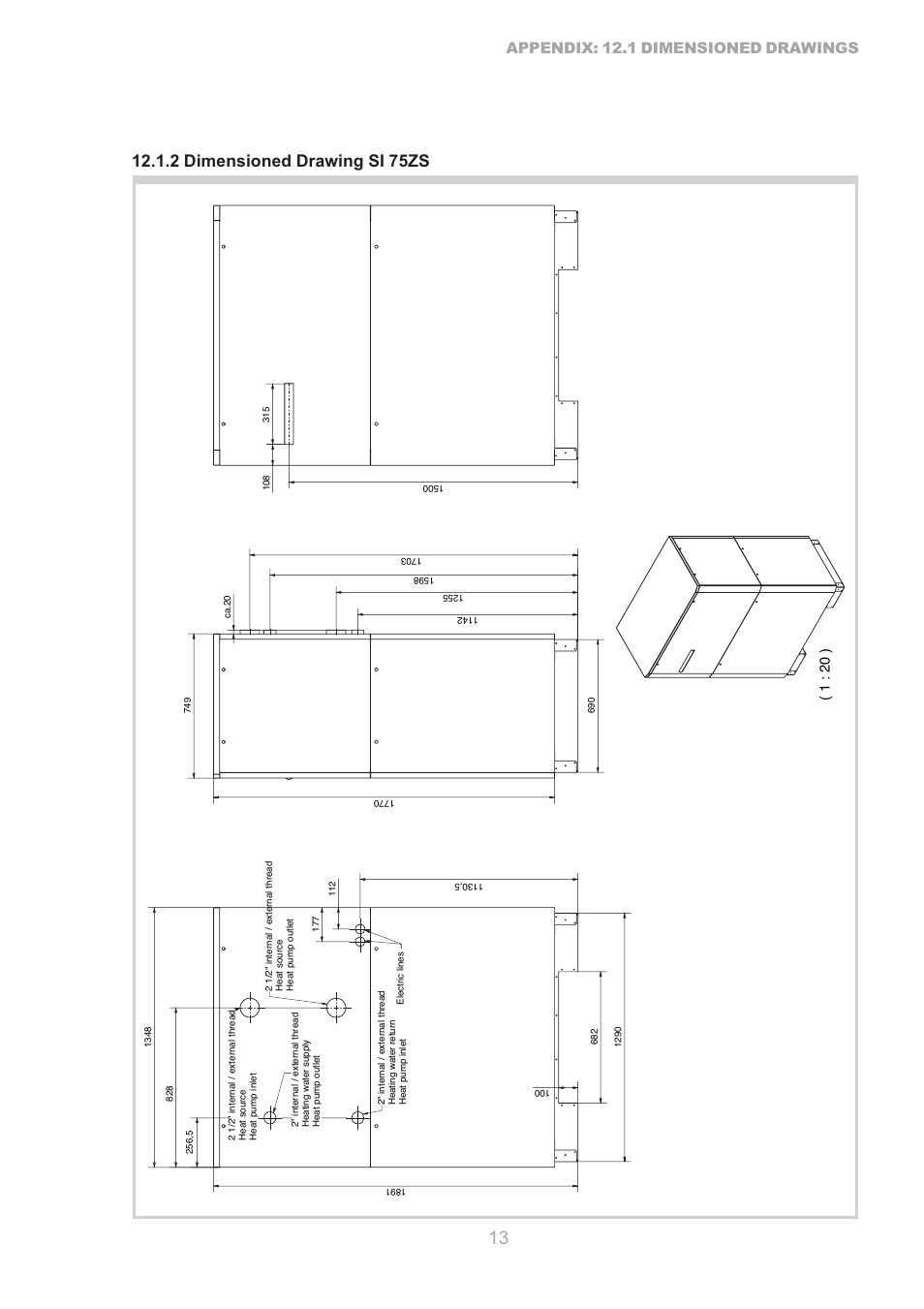 2 dimensioned drawing si 75zs, Appendix: 12.1 dimensioned drawings | Dimplex SI 75ZS User Manual | Page 13 / 28