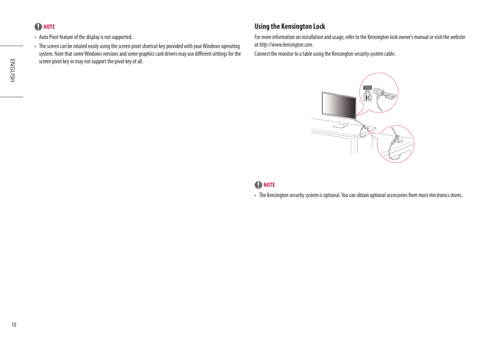 Using the kensington lock | LG UltraFine 27BP95E-B 27" 4K HDR Monitor User Manual | Page 10 / 31
