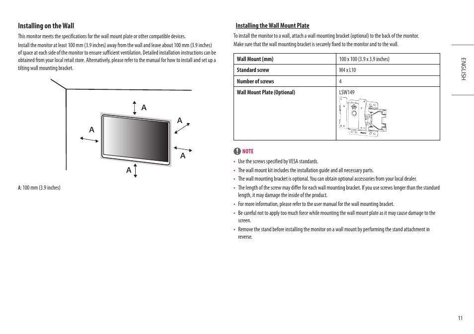 Installing on the wall | LG UltraFine 27BP95E-B 27" 4K HDR Monitor User Manual | Page 11 / 31