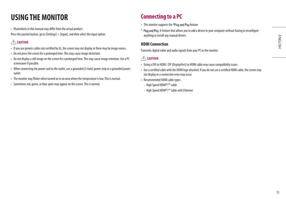 Using the monitor, Connecting to a pc, Hdmi connection | LG UltraFine 27BP95E-B 27" 4K HDR Monitor User Manual | Page 13 / 31