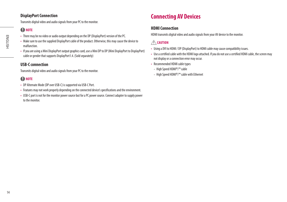 Connecting av devices, Displayport connection, Usb-c connection | Hdmi connection | LG UltraFine 27BP95E-B 27" 4K HDR Monitor User Manual | Page 14 / 31