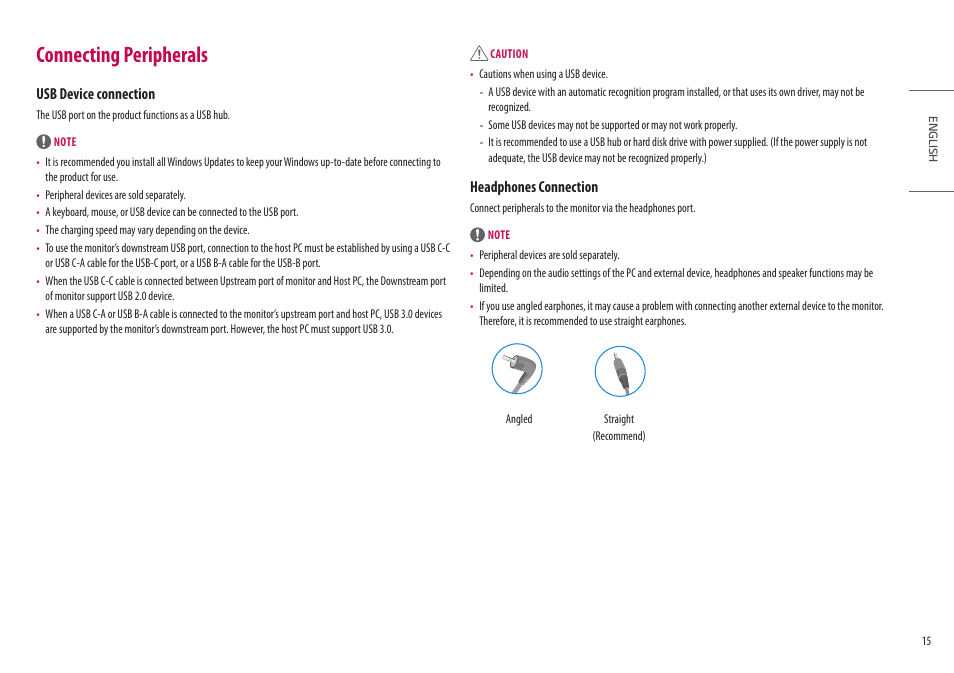 Connecting peripherals, Usb device connection, Headphones connection | LG UltraFine 27BP95E-B 27" 4K HDR Monitor User Manual | Page 15 / 31
