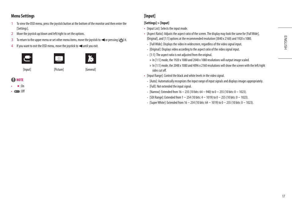Menu settings, Input | LG UltraFine 27BP95E-B 27" 4K HDR Monitor User Manual | Page 17 / 31