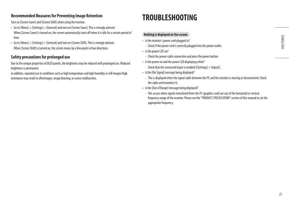 Troubleshooting | LG UltraFine 27BP95E-B 27" 4K HDR Monitor User Manual | Page 21 / 31