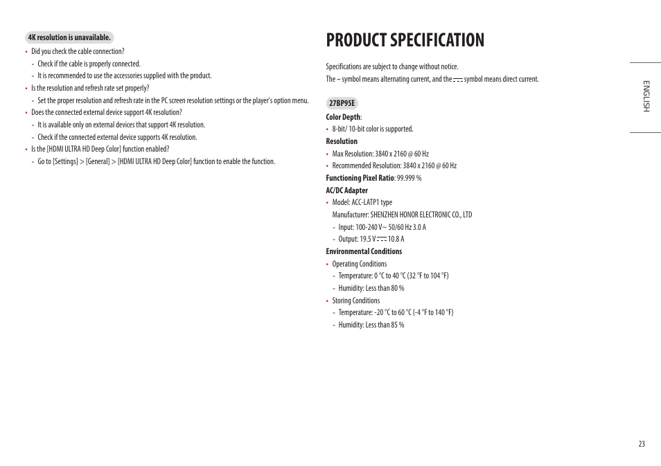 Product specification | LG UltraFine 27BP95E-B 27" 4K HDR Monitor User Manual | Page 23 / 31