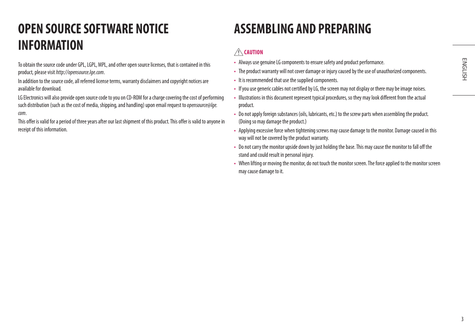 Open source software notice information, Assembling and preparing, Open source software notice | Information | LG UltraFine 27BP95E-B 27" 4K HDR Monitor User Manual | Page 3 / 31