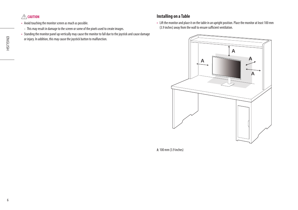 Installing on a table | LG UltraFine 27BP95E-B 27" 4K HDR Monitor User Manual | Page 6 / 31