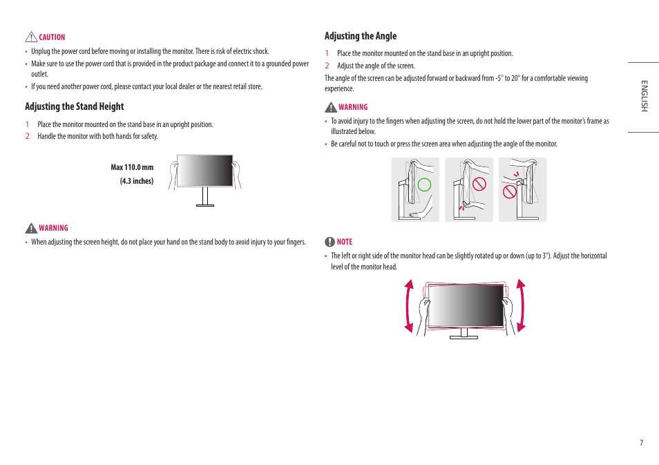 Adjusting the stand height, Adjusting the angle | LG UltraFine 27BP95E-B 27" 4K HDR Monitor User Manual | Page 7 / 31