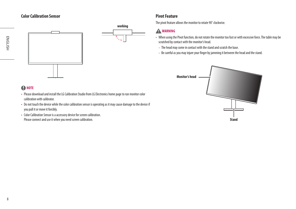 Color calibration sensor, Pivot feature | LG UltraFine 27BP95E-B 27" 4K HDR Monitor User Manual | Page 8 / 31