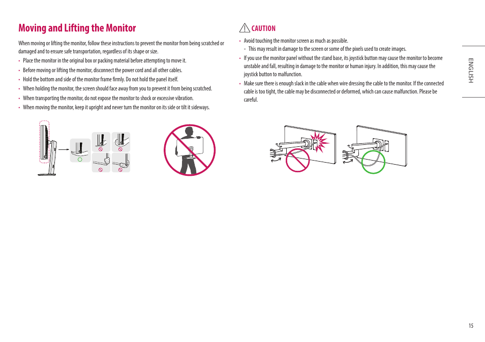 Moving and lifting the monitor | LG 32HQ713D-B 31.5" 8MP 4K Diagnostic Monitor User Manual | Page 15 / 42