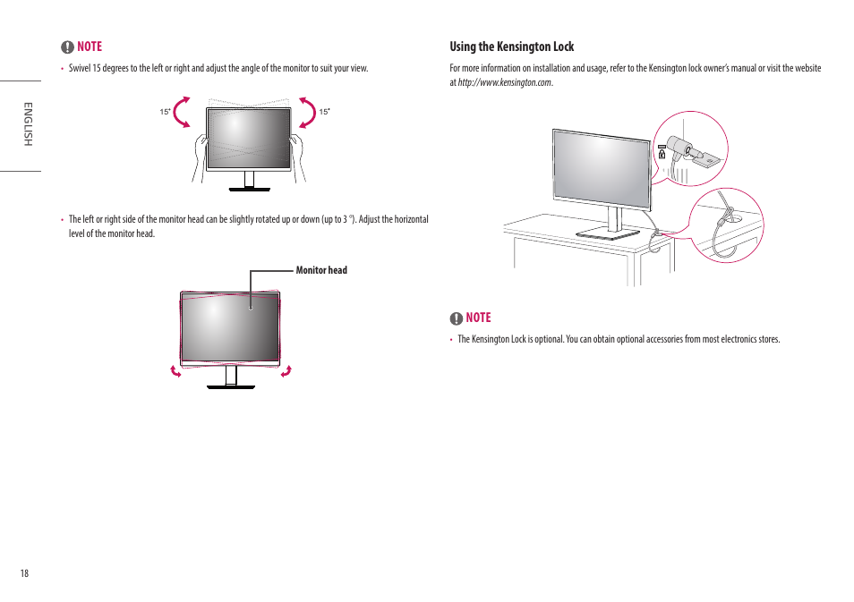 Using the kensington lock | LG 32HQ713D-B 31.5" 8MP 4K Diagnostic Monitor User Manual | Page 18 / 42