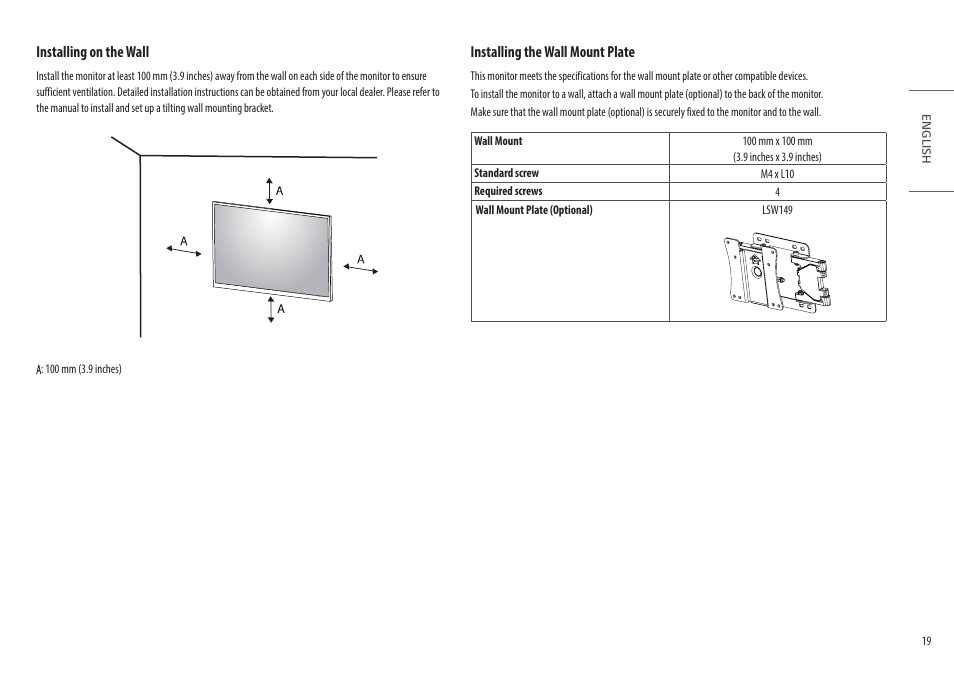 Installing on the wall, Installing the wall mount plate | LG 32HQ713D-B 31.5" 8MP 4K Diagnostic Monitor User Manual | Page 19 / 42