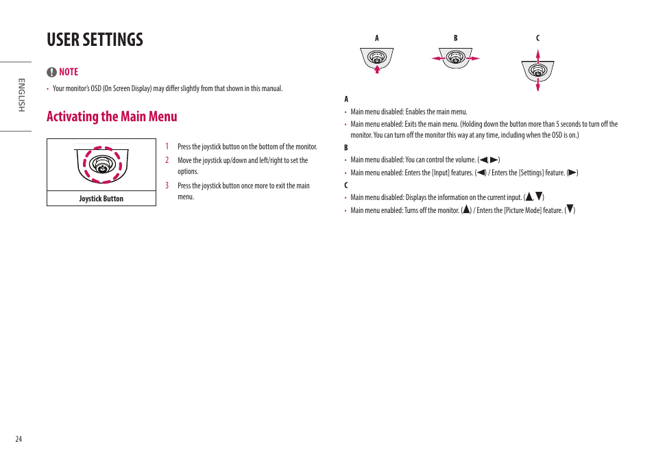 User settings, Activating the main menu | LG 32HQ713D-B 31.5" 8MP 4K Diagnostic Monitor User Manual | Page 24 / 42