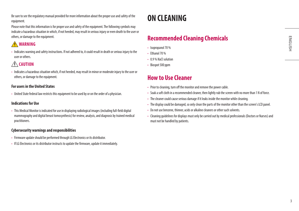 On cleaning, Recommended cleaning chemicals, How to use cleaner | LG 32HQ713D-B 31.5" 8MP 4K Diagnostic Monitor User Manual | Page 3 / 42