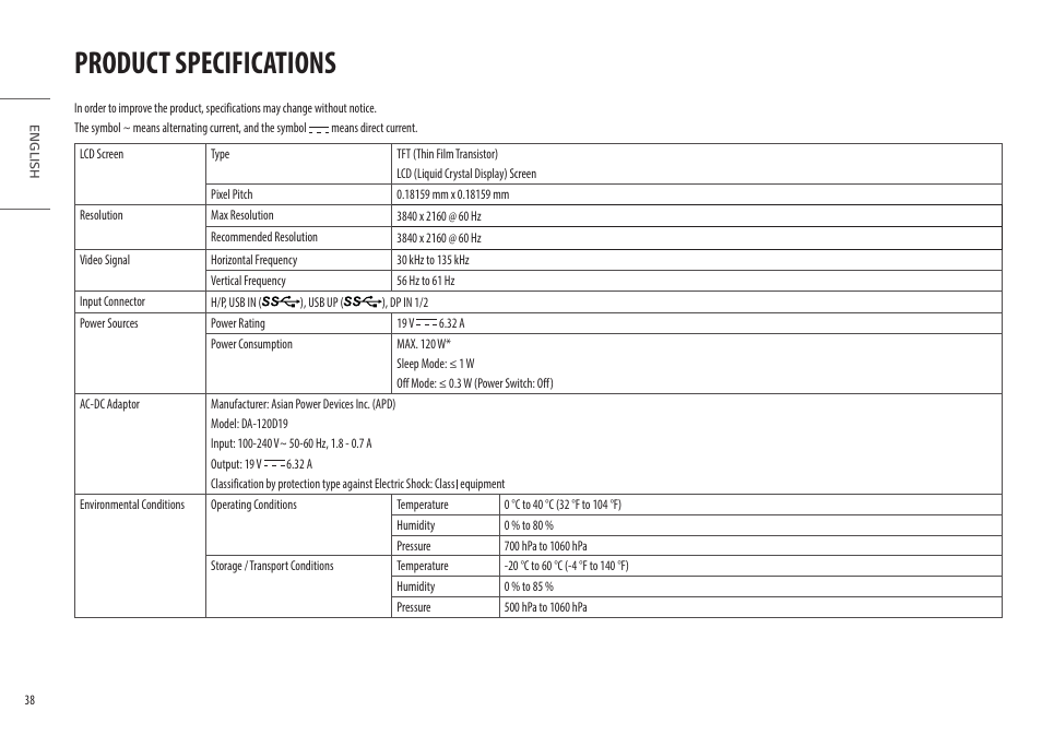 Product specifications | LG 32HQ713D-B 31.5" 8MP 4K Diagnostic Monitor User Manual | Page 38 / 42