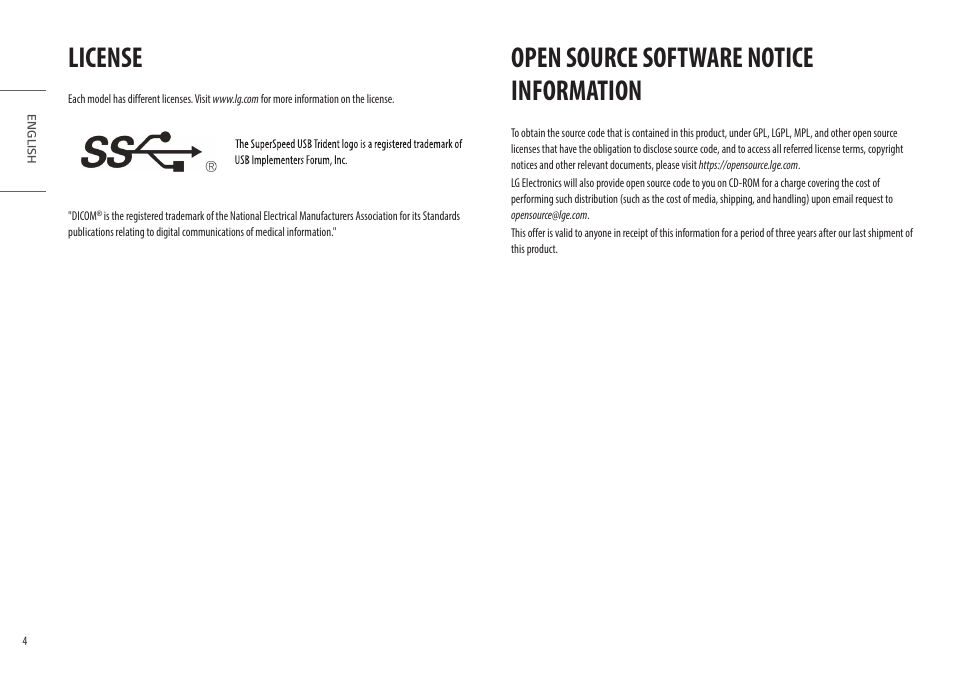 License, Open source software notice information, Open source software notice | Information | LG 32HQ713D-B 31.5" 8MP 4K Diagnostic Monitor User Manual | Page 4 / 42