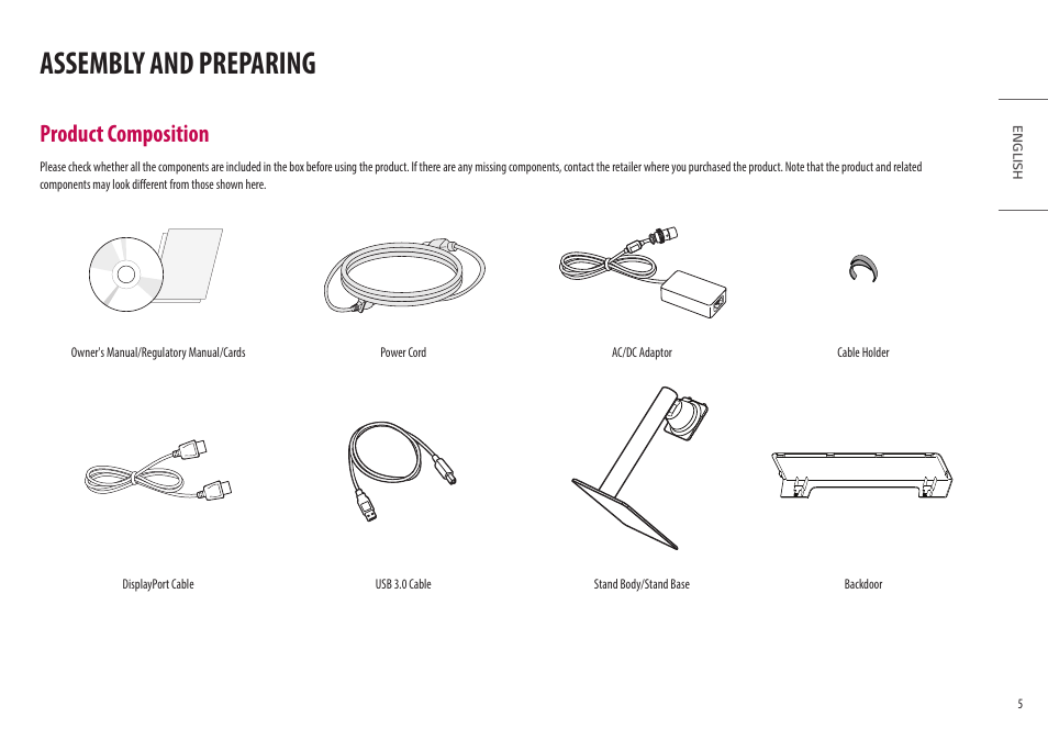 Assembly and preparing, Product composition | LG 32HQ713D-B 31.5" 8MP 4K Diagnostic Monitor User Manual | Page 5 / 42