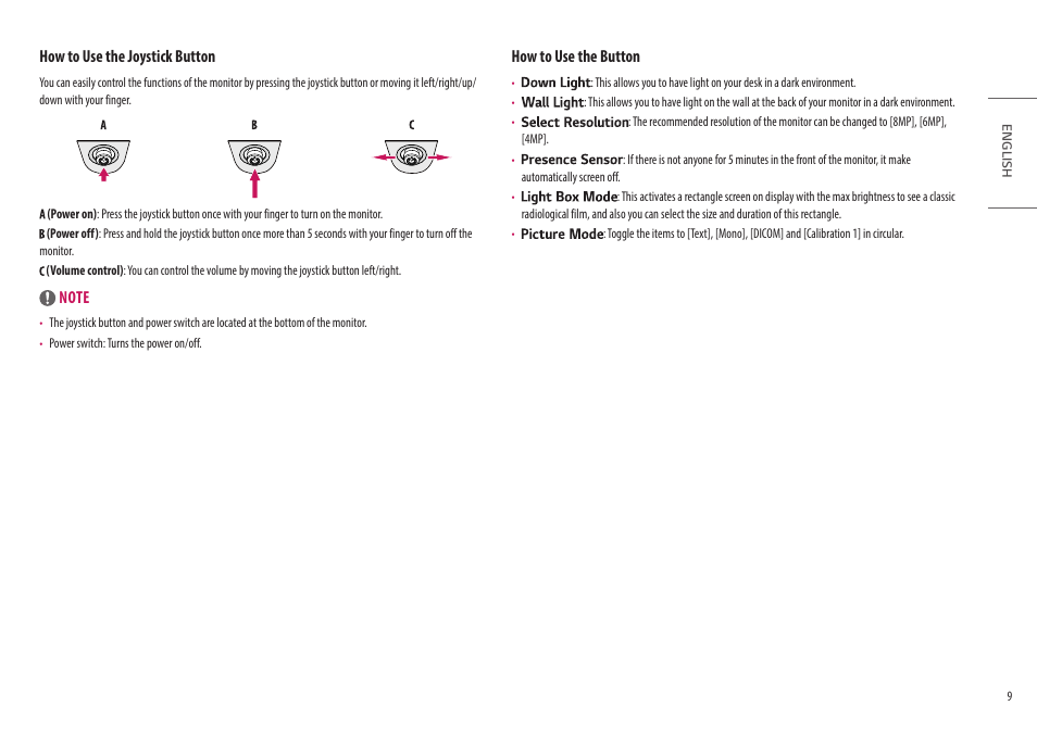 How to use the joystick button, How to use the button | LG 32HQ713D-B 31.5" 8MP 4K Diagnostic Monitor User Manual | Page 9 / 42