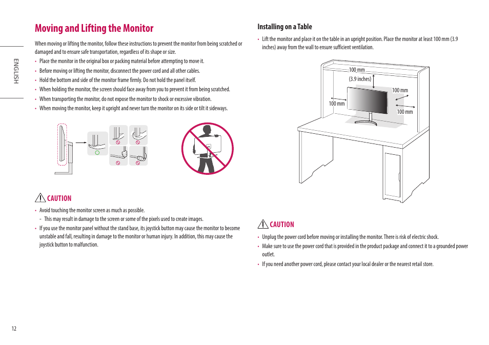 Moving and lifting the monitor | LG 32HL512D-B 31.5" 8MP Color Diagnostic 16:9 4K HDR IPS Monitor User Manual | Page 12 / 42