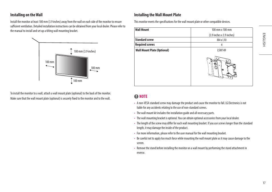 Installing on the wall, Installing the wall mount plate | LG 32HL512D-B 31.5" 8MP Color Diagnostic 16:9 4K HDR IPS Monitor User Manual | Page 17 / 42
