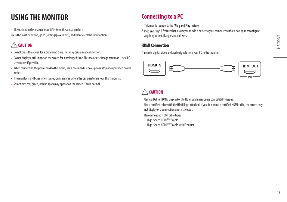 Using the monitor, Connecting to a pc, Caution | Hdmi connection | LG 32HL512D-B 31.5" 8MP Color Diagnostic 16:9 4K HDR IPS Monitor User Manual | Page 19 / 42