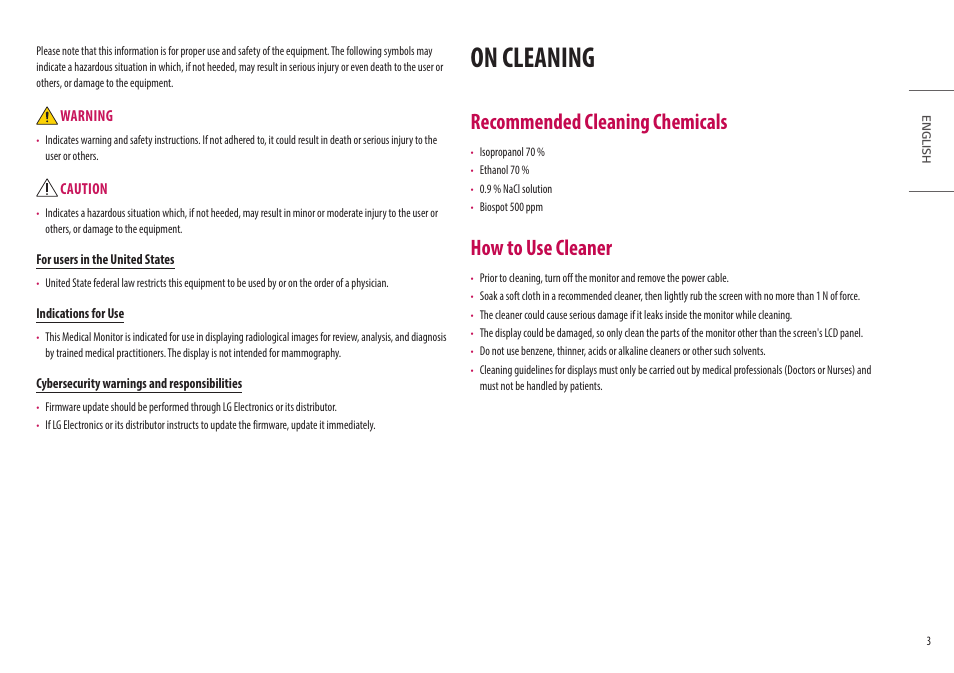 On cleaning, Recommended cleaning chemicals, How to use cleaner | LG 32HL512D-B 31.5" 8MP Color Diagnostic 16:9 4K HDR IPS Monitor User Manual | Page 3 / 42