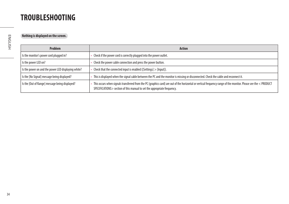 Troubleshooting | LG 32HL512D-B 31.5" 8MP Color Diagnostic 16:9 4K HDR IPS Monitor User Manual | Page 34 / 42