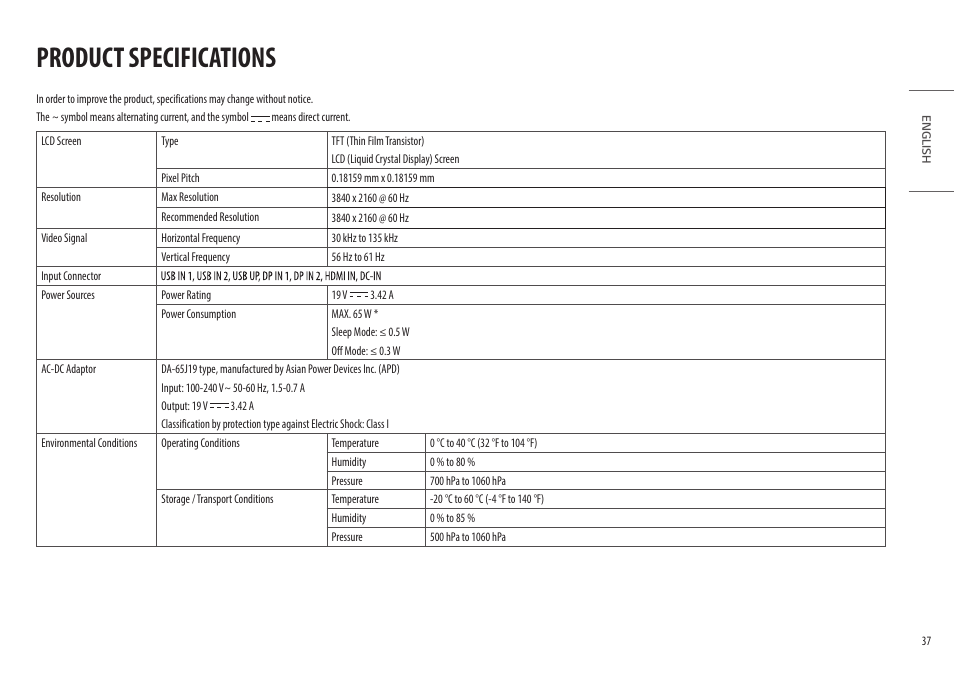 Product specifications | LG 32HL512D-B 31.5" 8MP Color Diagnostic 16:9 4K HDR IPS Monitor User Manual | Page 37 / 42