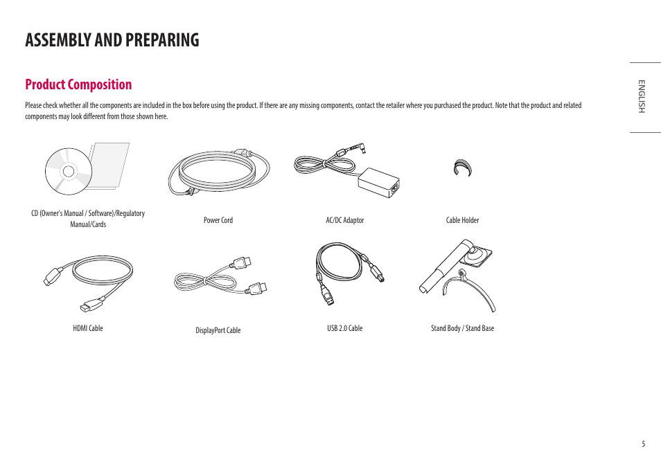 Assembly and preparing, Product composition | LG 32HL512D-B 31.5" 8MP Color Diagnostic 16:9 4K HDR IPS Monitor User Manual | Page 5 / 42