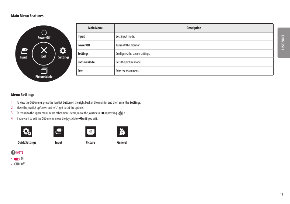 Main menu features, Menu settings | LG BQ60QC 34" 1440p HDR Curved Monitor User Manual | Page 11 / 30