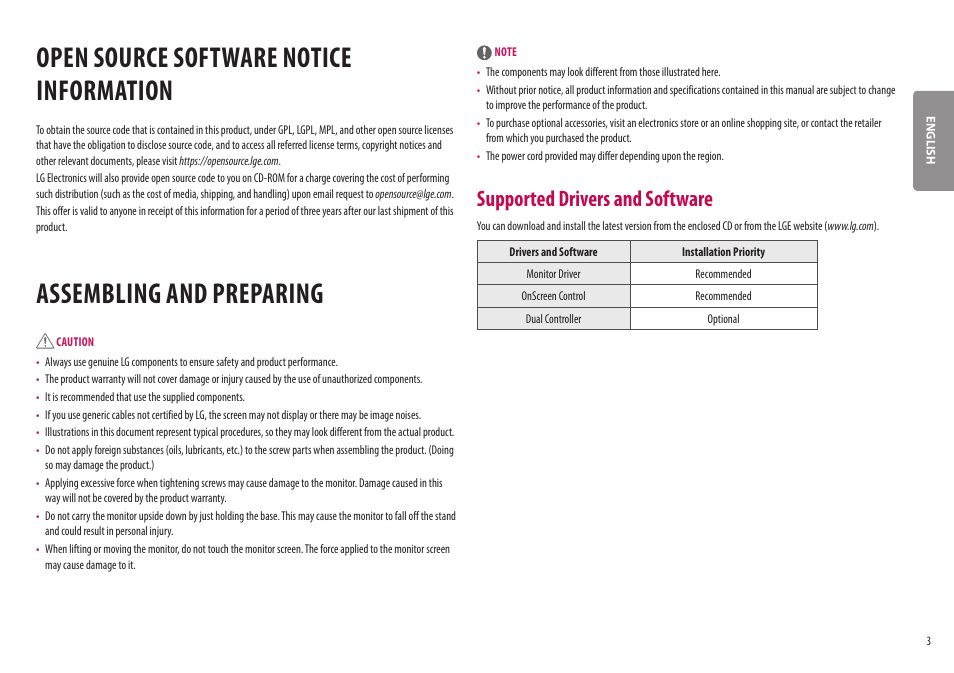 Open source software notice information, Assembling and preparing, Open source software notice | Information, Supported drivers and software | LG BQ60QC 34" 1440p HDR Curved Monitor User Manual | Page 3 / 30
